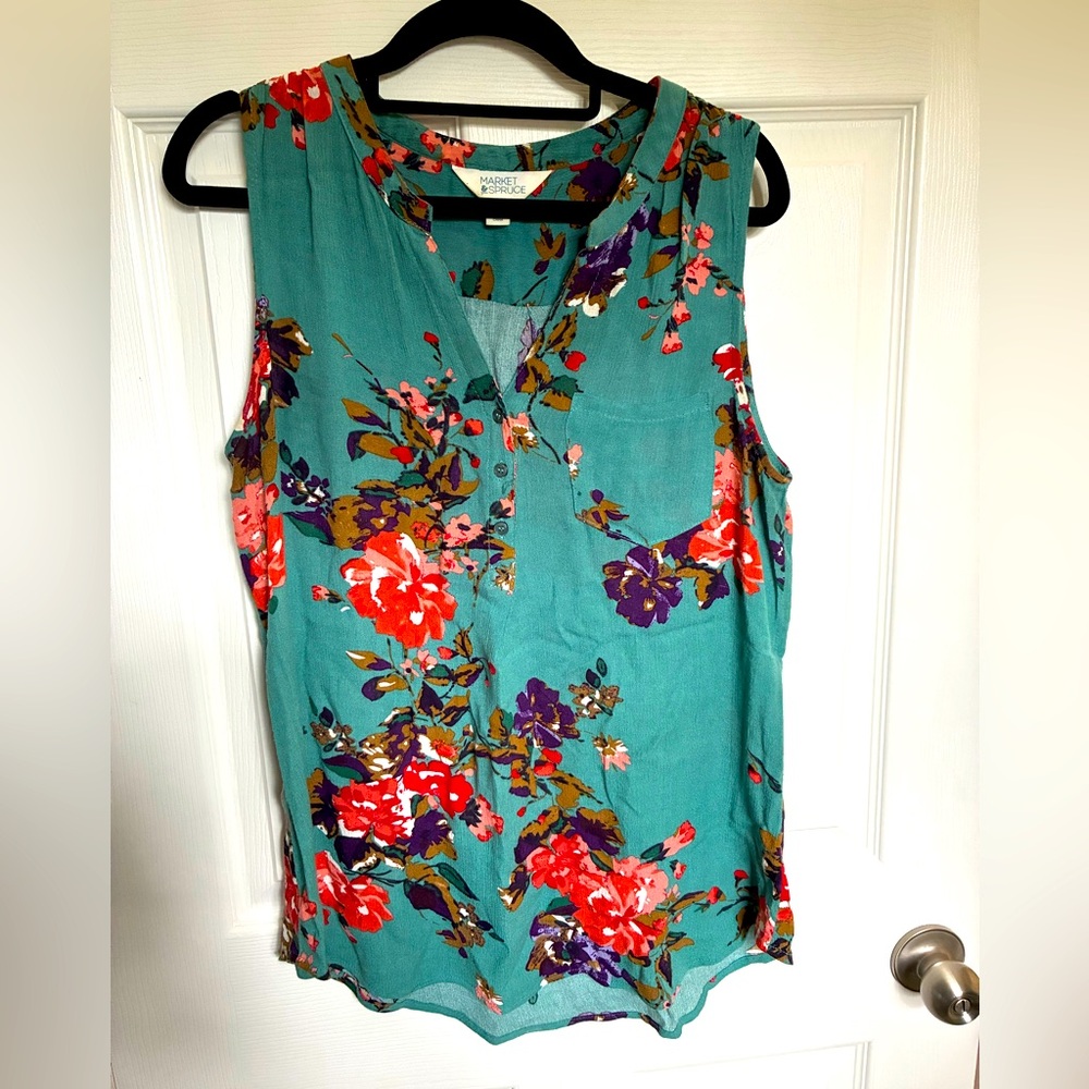 Floral Sleeveless Top - Teal and Multicolor